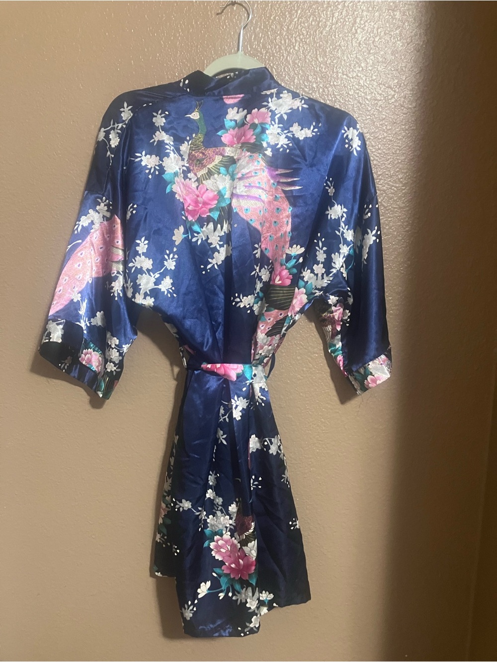 Women's Navy Floral Satin Kimono Robe - Picture 3 of 4